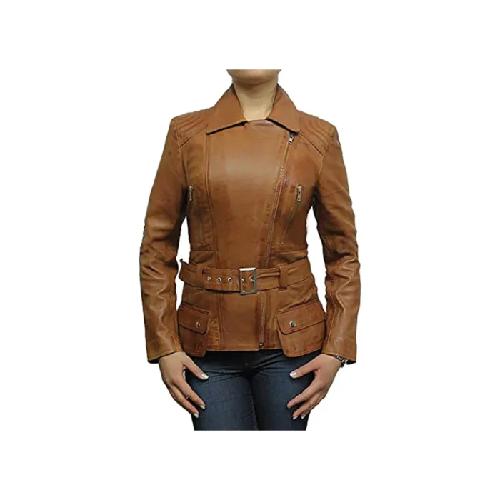 Women's Belted Front Zip Designer Moto Jacket
