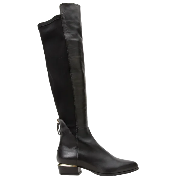 Black Leather Pointy Toe Knee High Women Boot - Image 2