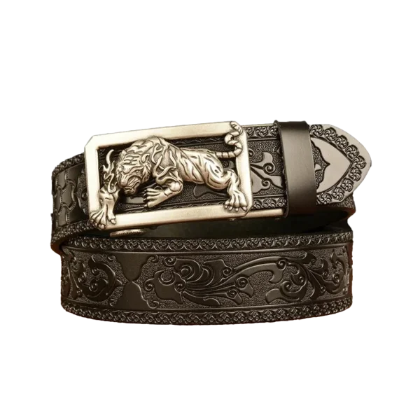 Men's Silver Tiger Buckle Genuine Leather Belt - Image 2