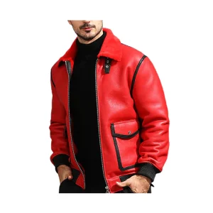 Red Fur Collar Leather Bomber Jacket