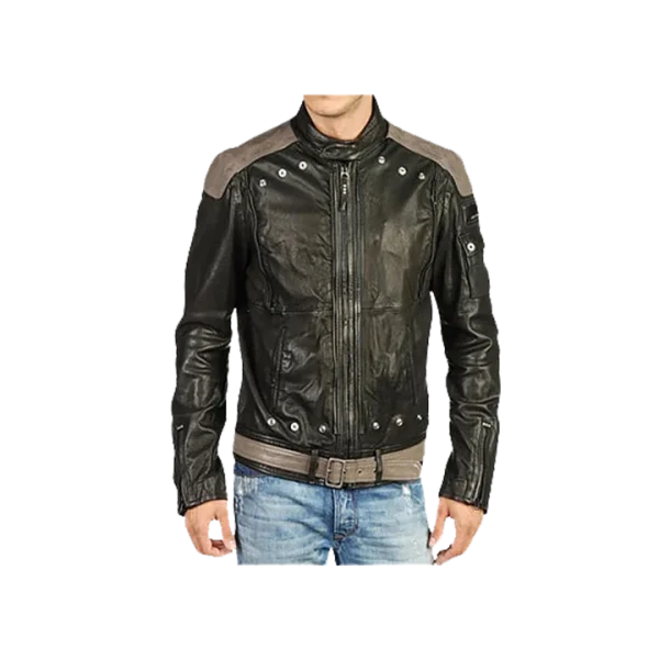 Men's Front Removeable Genuine Leather Biker Jacket - Image 2