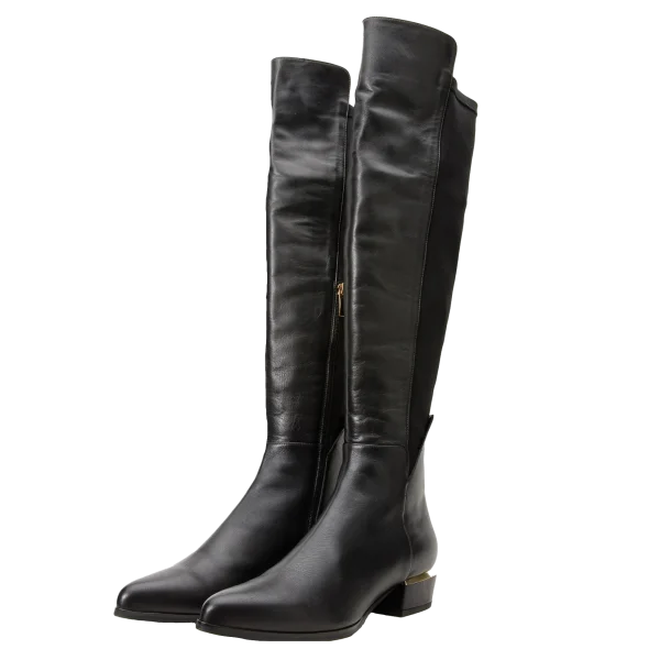 Black Leather Pointy Toe Knee High Women Boot