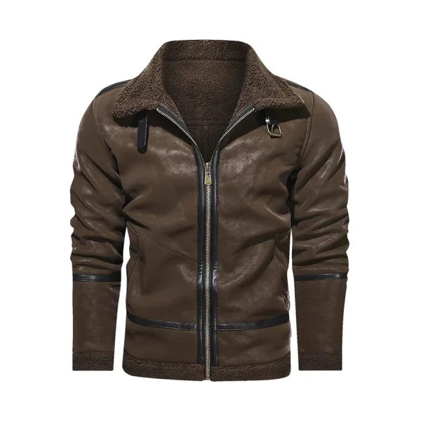 Mens Classic Genuine Leather Jacket With Strap On Collar - Image 4