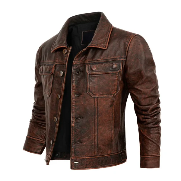 Men's Vintage Distressed Style Genuine Leather Jacket - Image 2