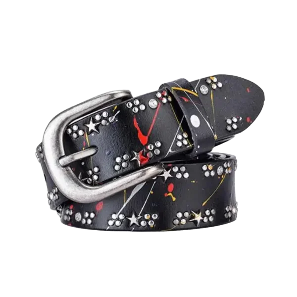 Women's Leather Belt Punk Graffiti Rivets Pin Buckle Leather Belt
