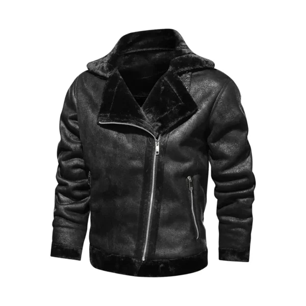 Mens Turn Down Collar Genuine Leather Jacket With Cross Zipper - Image 2