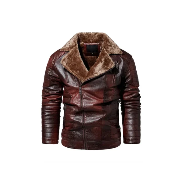 Men's Asymmetrical Shearling Fur Real Leather Jacket - Image 2