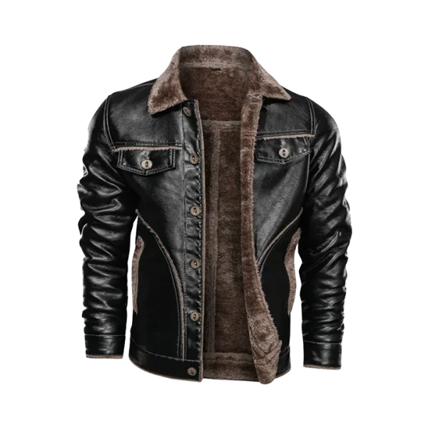 Men's Classic Moto Fur Lining Leather Jacket - Image 4