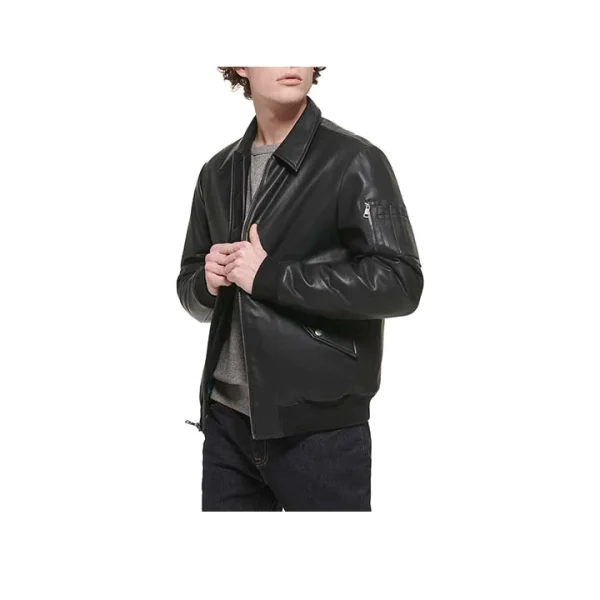 Edge Black Leather Bomber Jacket - Image 3