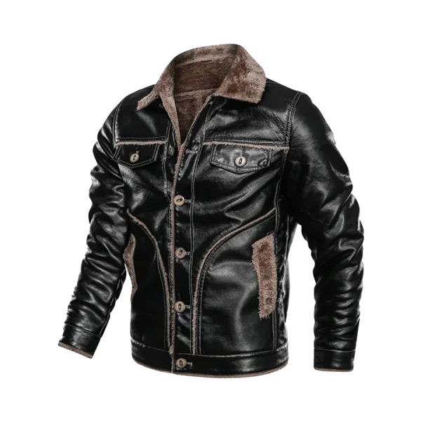 Men's Classic Moto Fur Lining Leather Jacket - Image 3