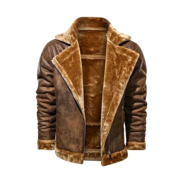 Mens Turn Down Collar Genuine Leather Jacket With Cross Zipper - Image 4