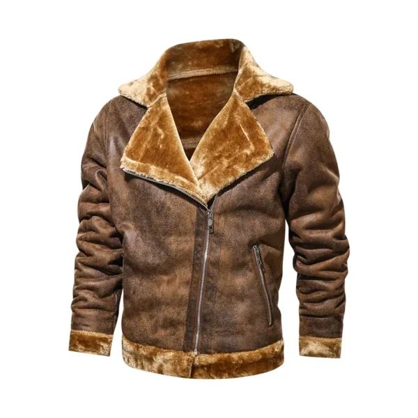 Mens Turn Down Collar Genuine Leather Jacket With Cross Zipper - Image 5