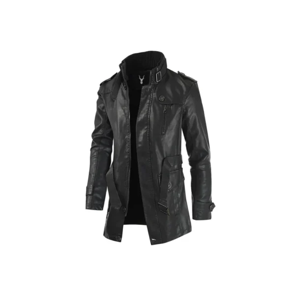 Men's Stand Up Collar Belted Leather Coat