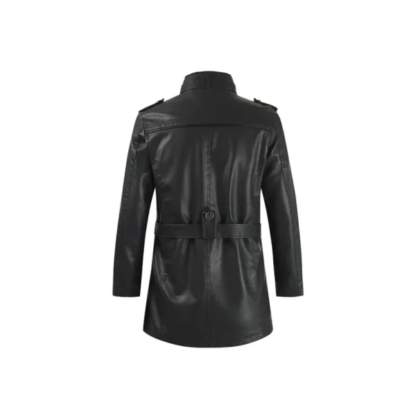 Men's Stand Up Collar Belted Leather Coat - Image 2