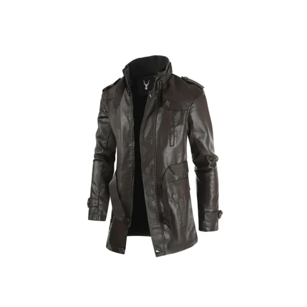 Men's Stand Up Collar Belted Leather Coat - Image 4