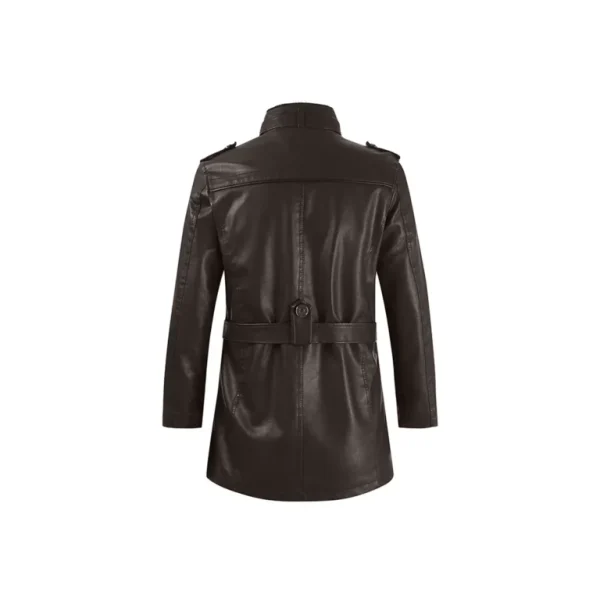 Men's Stand Up Collar Belted Leather Coat - Image 5