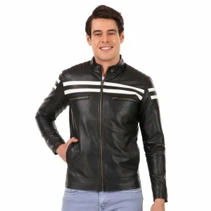 Men's Striped Padded Shoulder Moto Genuine Leather Jacket