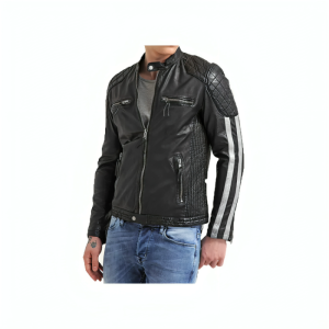 Men's Double Striped Snap Collar Genuine Moto Jacket