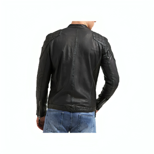 Men's Double Striped Snap Collar Genuine Moto Jacket - Image 2