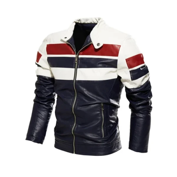 Men's Moto Striped Color Block Leather Jacket - Image 2