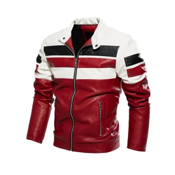 Men's Moto Striped Color Block Leather Jacket - Image 3