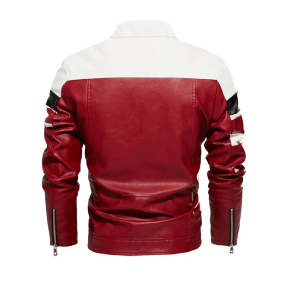 Men's Moto Striped Color Block Leather Jacket - Image 4