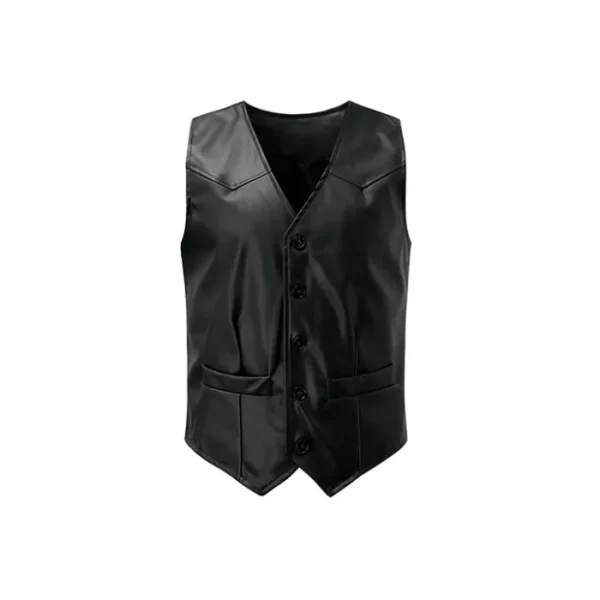 Men's Vintage V Neck Single Breasted Lambskin Leather Vest
