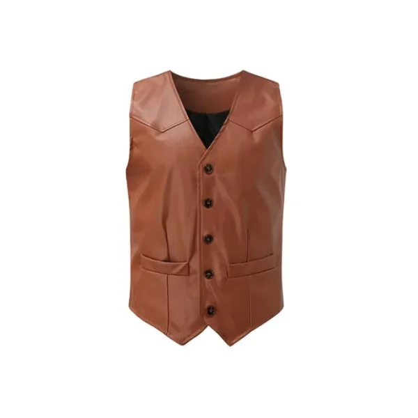 Men's Vintage V Neck Single Breasted Lambskin Leather Vest - Image 2