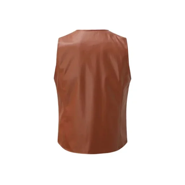 Men's Vintage V Neck Single Breasted Lambskin Leather Vest - Image 3
