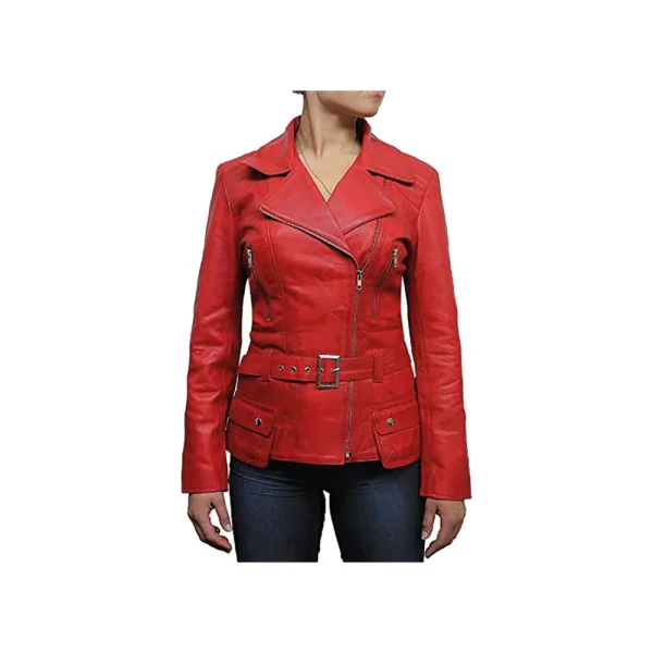 Women's Belted Front Zip Designer Moto Jacket - Image 10
