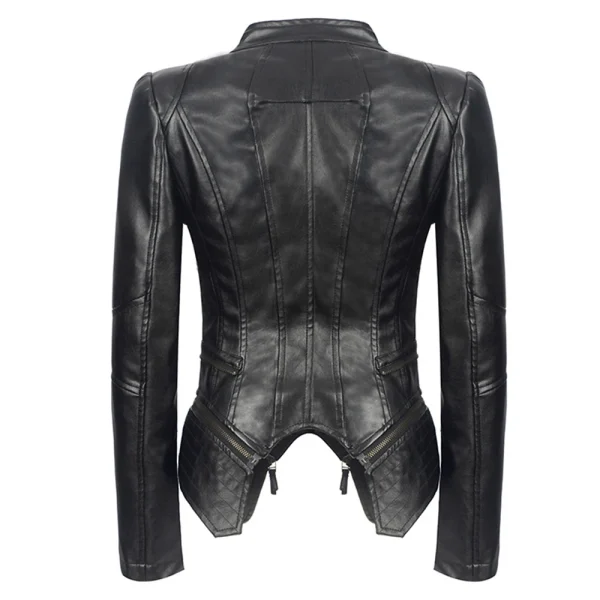 Women's Zipper Closure Dual Lap Collar Genuine Leather Jacket - Image 2