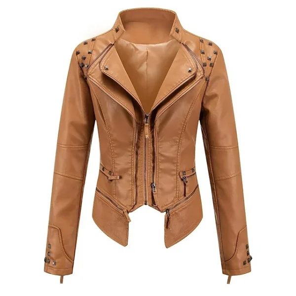Women's Zipper Closure Dual Lap Collar Genuine Leather Jacket - Image 3