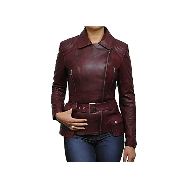 Women's Belted Front Zip Designer Moto Jacket - Image 3