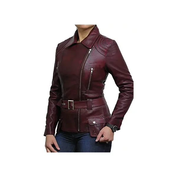 Women's Belted Front Zip Designer Moto Jacket - Image 4
