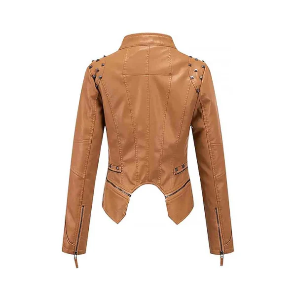 Women's Zipper Closure Dual Lap Collar Genuine Leather Jacket - Image 4