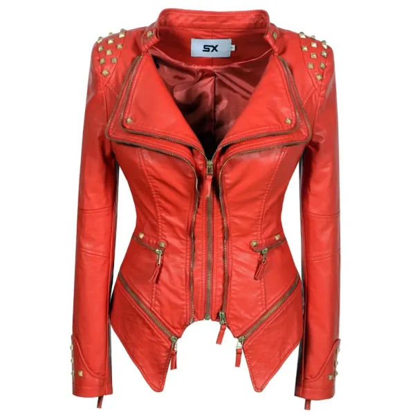 Women's Zipper Closure Dual Lap Collar Genuine Leather Jacket - Image 5