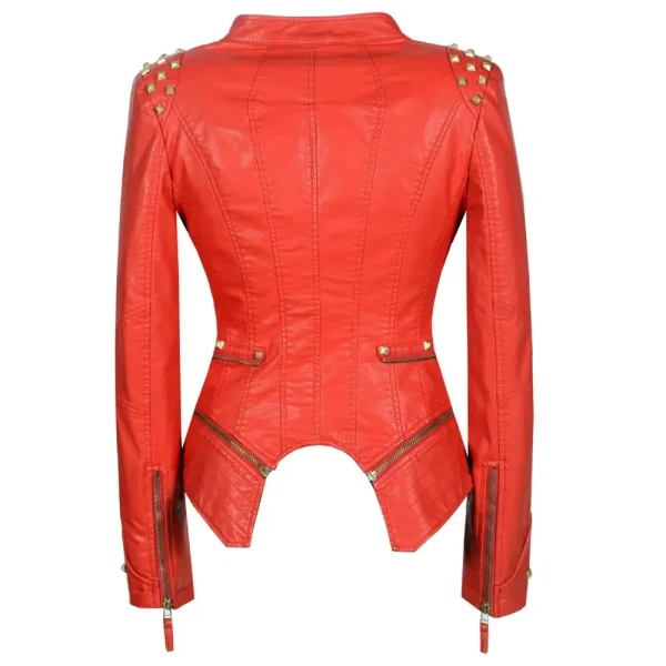 Women's Zipper Closure Dual Lap Collar Genuine Leather Jacket - Image 6