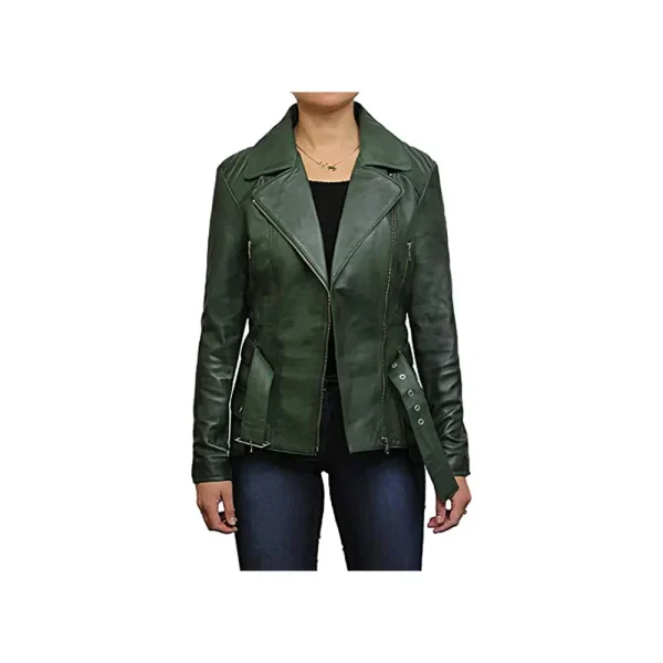 Women's Belted Front Zip Designer Moto Jacket - Image 7