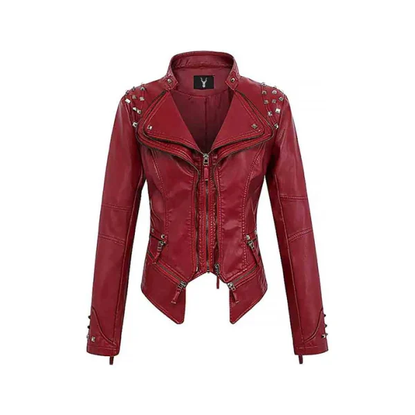 Women's Zipper Closure Dual Lap Collar Genuine Leather Jacket - Image 7