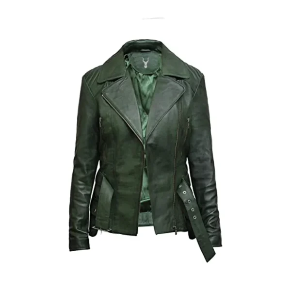 Women's Belted Front Zip Designer Moto Jacket - Image 8