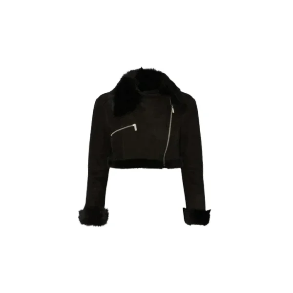 Women's Shearling Suede Leather Cropped Jacket - Image 4